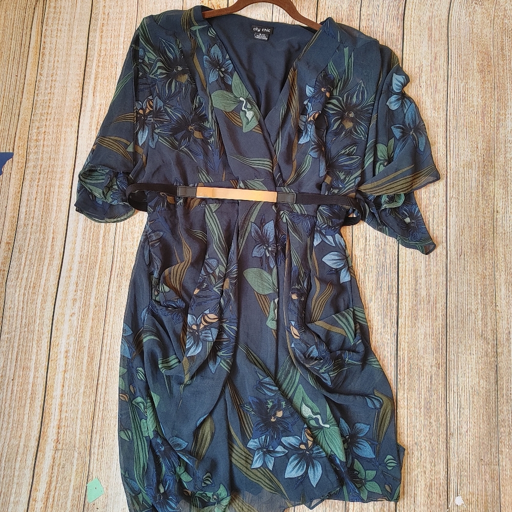 City Chic belted flutter sleeve chiffon dress